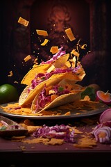the tacos are flying away from the plate, fine art, dark pink and dark orange, traditional