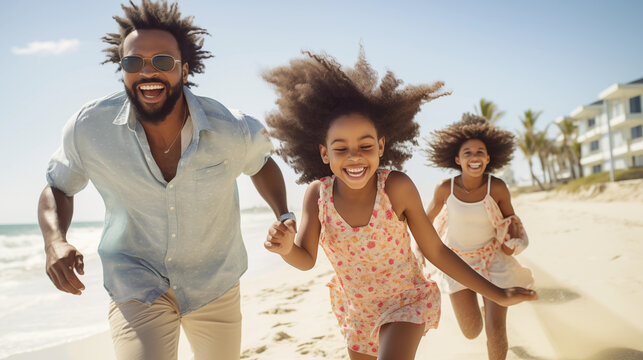 A joyful scene of a father, mother, and daughter running towards the ocean on a sunny beach day, a parked car visible in the background, all three in beach attire with smiles on their faces