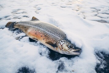 the trout is on a white piece of the snow