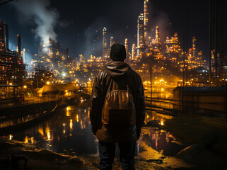 Fototapeta na wymiar Worker standing by oil refinery. A man standing in front of a city at night