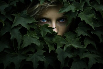 the woman hiding behind an ivy in the dark, realistic, emotive portraits, norwegian nature