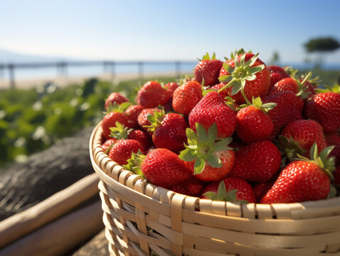Close-up shot of strawberries in a basket, bathed in warm sunlight, evoking a sense of summer freshness and sweetness.