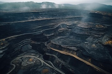 Coal mining from above. Open pit mine, extractive industry for coal, top view