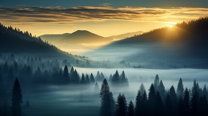 Cold fog in the valley with in spruce forest at sunset