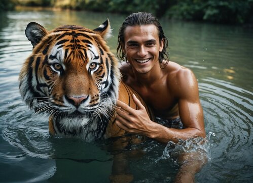 Forest man taking photo with a big tiger