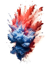 Red and blue smoke dust explosion on white background 