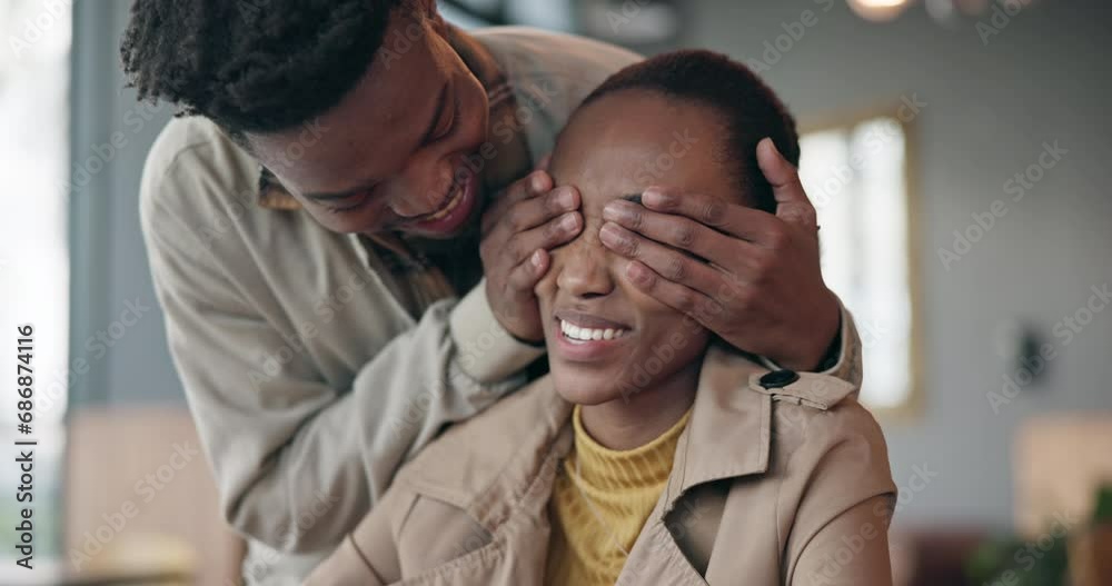 Sticker Love, happy and man surprise his girlfriend for romantic event, valentines day or anniversary. Smile, secret and young African couple bonding together for happiness and care in modern apartment.