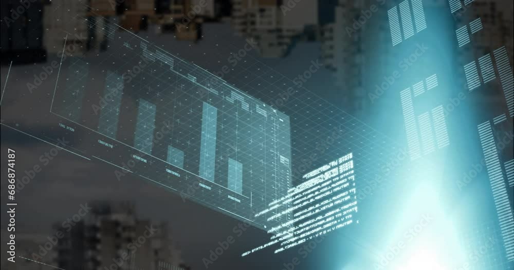 Poster animation of graphs, loading bars and computer language over modern buildings against cloudy sky