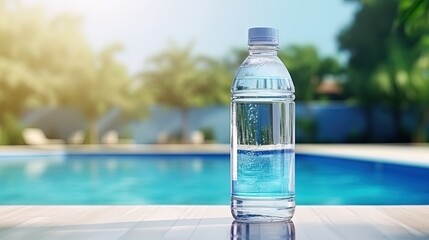 Transparent plastic bottle of water against the background of the pool