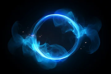 Foto op Canvas A glowing blue neon smoke ring in a star-speckled dark universe mockup for logo © Golden_hind