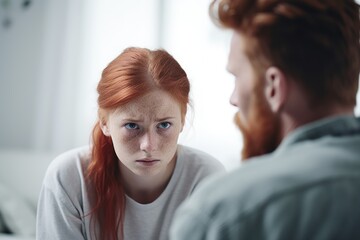 Fototapeta premium Close up man in front and upset girl with freckles behind sit at sofa to talk at home, offended red-haired teen daughter and middle aged father argument, adolescence, two generation conflict concept