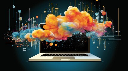 Laptop upload big data to cloud technology - obrazy, fototapety, plakaty