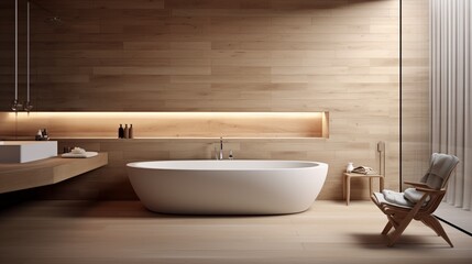 Luxurious minimalist bathroom with wooden wall