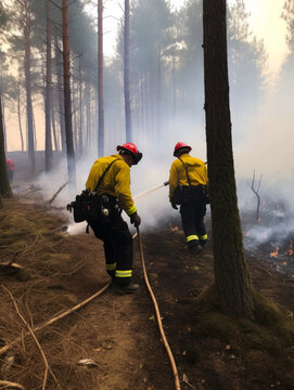 Firefighters put out forest fires. Two fire fighters in yellow jackets and red hats are using a hose to exting