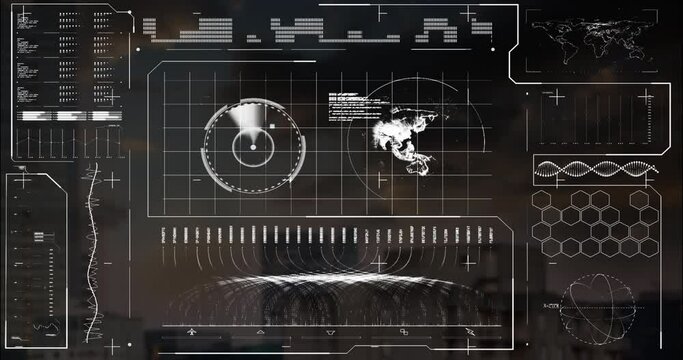 Animation of map, globe, loading bars, soundwave over modern buildings against cloudy sky