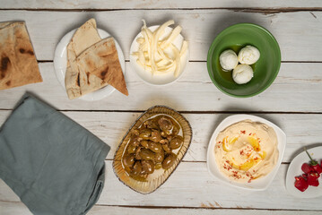 Arabic breakfast spreaad with olives and labaneh