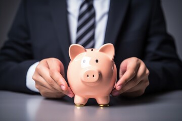 A person in a suit and tie holding a piggy bank