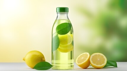 A bottle of water with lemon on a light background with vitamins