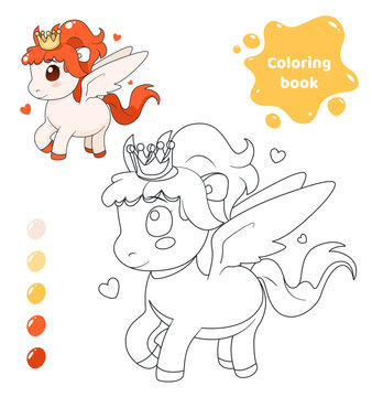 Coloring book for kids. Cute pony with crown.