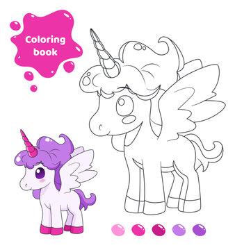 Coloring book for kids. Cute unicorn with wings.