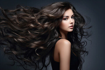 Naklejka premium Portrait Profile of Beautiful Brunette Woman with Long Curly Wavy Hair. Hair Flying in the Wind. Copy Space