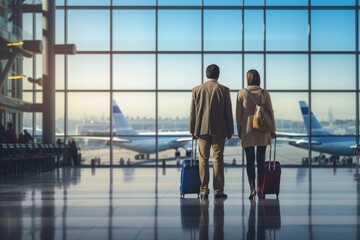 Adult couple with suitcases standing by the panoramic windows overlooking the runways and planes in the departure terminal of the international airport, awaiting a flight. Travel and vacation concept.