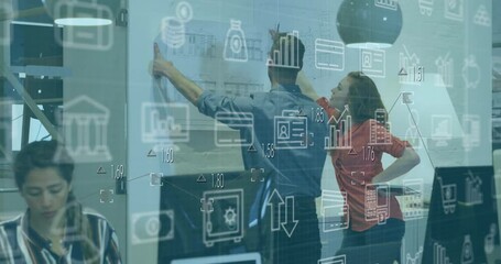 Animation of multiple icons over diverse architects analyzing blueprint in office - Powered by Adobe