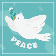 Concept for world peace day postcard with dove branch. Poster with symbol, no war, world day of peace, equality and love.international peace day pigeon with branch leaves green background. Stop war