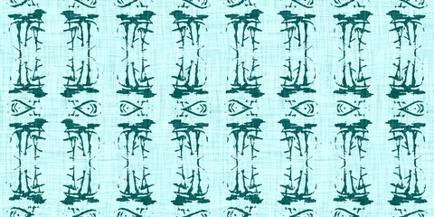 Teal green white vibrant watercolor batik azulejos tile border banner background. Seamless aqua coastal blur linen effect geometric mosaic effect.Boho Patchwork nautical masculine summer ribbon trim.  - obrazy, fototapety, plakaty