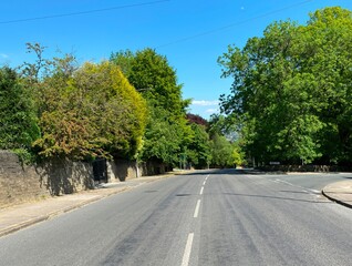 View down, Emm Lane, near the junction of, North Park Road, with old trees,stone walls, and a blue sky in, Bradford, UK