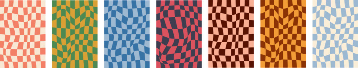 Set of psychedelic checkerboards, abstract groovy background in retro style
