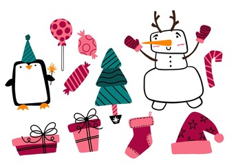 Christmas tree and snowman set gift box and gloves and candy and penguin pattern for wrapping paper