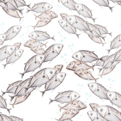 Seamless pattern with school of grey fish and underwater bubbles. Hand drawn watercolor illustration isolated on trensparent background. For diving shops brochures, wrapping and wallpaper, cards