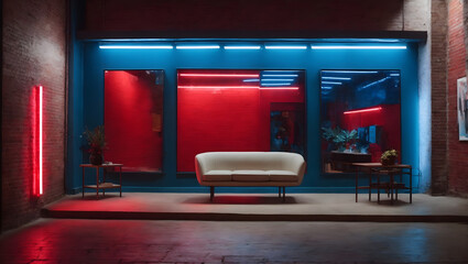 An art gallery showcasing contemporary pieces against exposed brick walls, enhanced by red and blue neon lighting for an avant-garde atmosphere.v