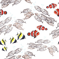 Seamless pattern with tropical reef fishes. Anemone fish. Hand drawn watercolor illustration isolated on transparent background. For diving shops brochures, wrapping and wallpaper, cards, textile