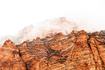 Zion National Park in the mist and snow