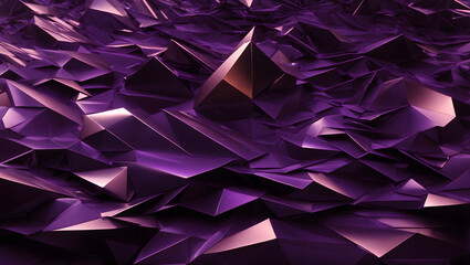 An image featuring an abstract arrangement of metallic polygonal shapes, lines, and angles in a gradient of dark purple hues against a black backdrop, creating a visually striking 3D effect.v