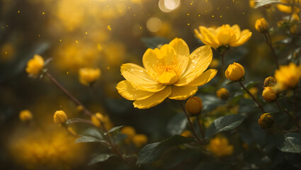 An image featuring yellow bokeh particles arranged in a floral pattern, simulating a blossoming bloom, radiating vibrancy and beauty.