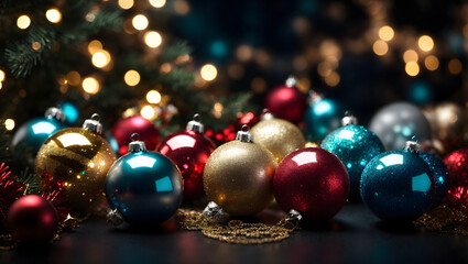 An image showcasing a mix of shimmering metallic and glittery Christmas balls, stars, and sparkling ornaments on a dark backdrop, creating a magical and radiant setting for a greeting card.