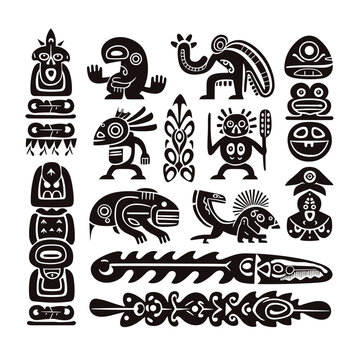 Native American symbols, Aztec, Maya, Inca. figurines of Native American tribes icons tattoo Vector set