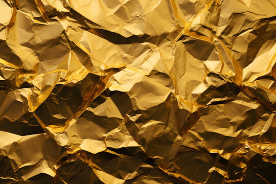 High detailed crumpled gold foil leaf shiny texture, abstract yellow wrapping paper seamless pattern for walllpaper, background and design art work Generative AI