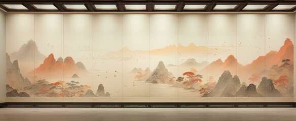 Minimalist Song dynasty mural, Heian period, Zen, dark orange and light beige style, elegant landscape painting, fine brushwork style, eastern aesthetics. generative AI - obrazy, fototapety, plakaty