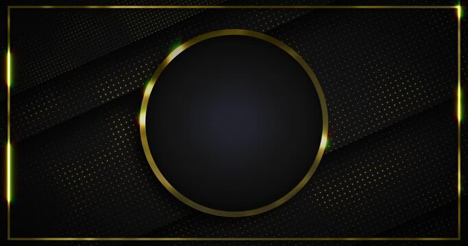 Seamless animation luxury background consists of a circle with golden outline in the center over golden dotted moving black background all inside shining golden bounded frame.