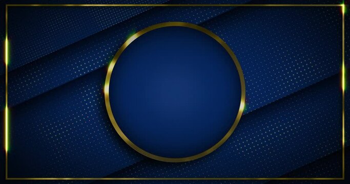 Seamless animation luxury background consists of a circle with golden outline in the center over golden dotted moving navy blue background all inside shining golden bounded frame.