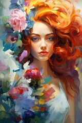 Beautiful Caucasian woman with red hair and flowers. Romantic lady. Rainbow illustration in style of oil painting. Postcard, greeting for International Women's Day. Wall decor, cover, print. Vertical