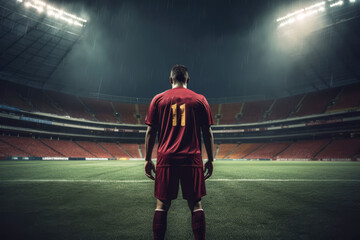 Half-length shot from behind of professional soccer player on the field of huge football stadium under the evening lighting. Determined male athlete ready to take to the field for championship match.