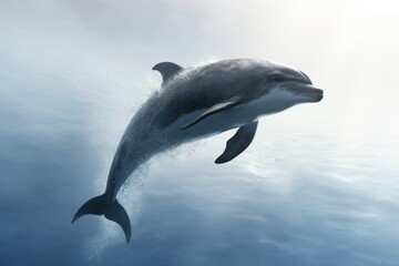 Dolphin swims in depths of ocean. Animal in its natural habitat. Beauty of nature. Concept of freedom and beauty of wild animals. Ideal for background, postcard, banner, poster.