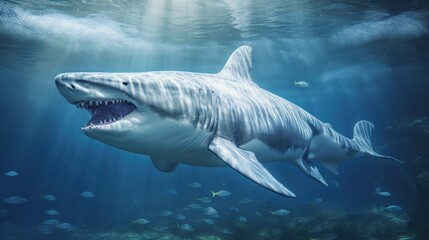 Great White Shark in its Natural Habitat in Blue Ocean Depths. Oceanic Predator. Open mouth with many teeth. Beautiful majestic animal of the seas and oceans. Concept of beauty and wealth of nature.