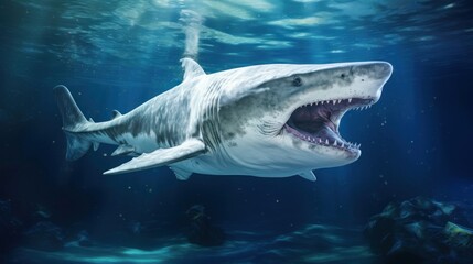 Great White Shark in its Natural Habitat in Blue Ocean Depths. Oceanic Predator. Open mouth with many teeth. Beautiful majestic animal. Concept of beauty and wealth of nature.