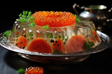 Aspic. A dish of chilled meat broth with meat, vegetables and red caviar. Traditional national dish of Ukrainian cuisine. Holiday food. Jellied beef. For food blog, restaurant, cafe, menu, cookbook